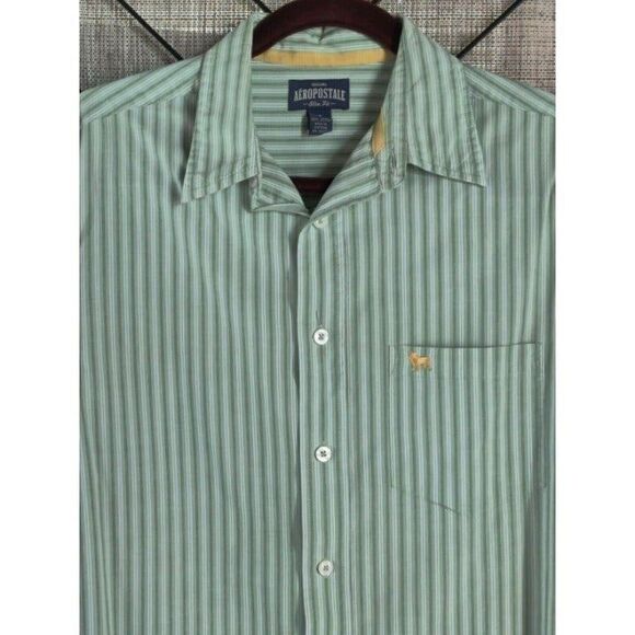 Aeropostale Mens Button Front Shirt Slim Fit Green Long Sleeve Striped Sz Small - Picture 3 of 10